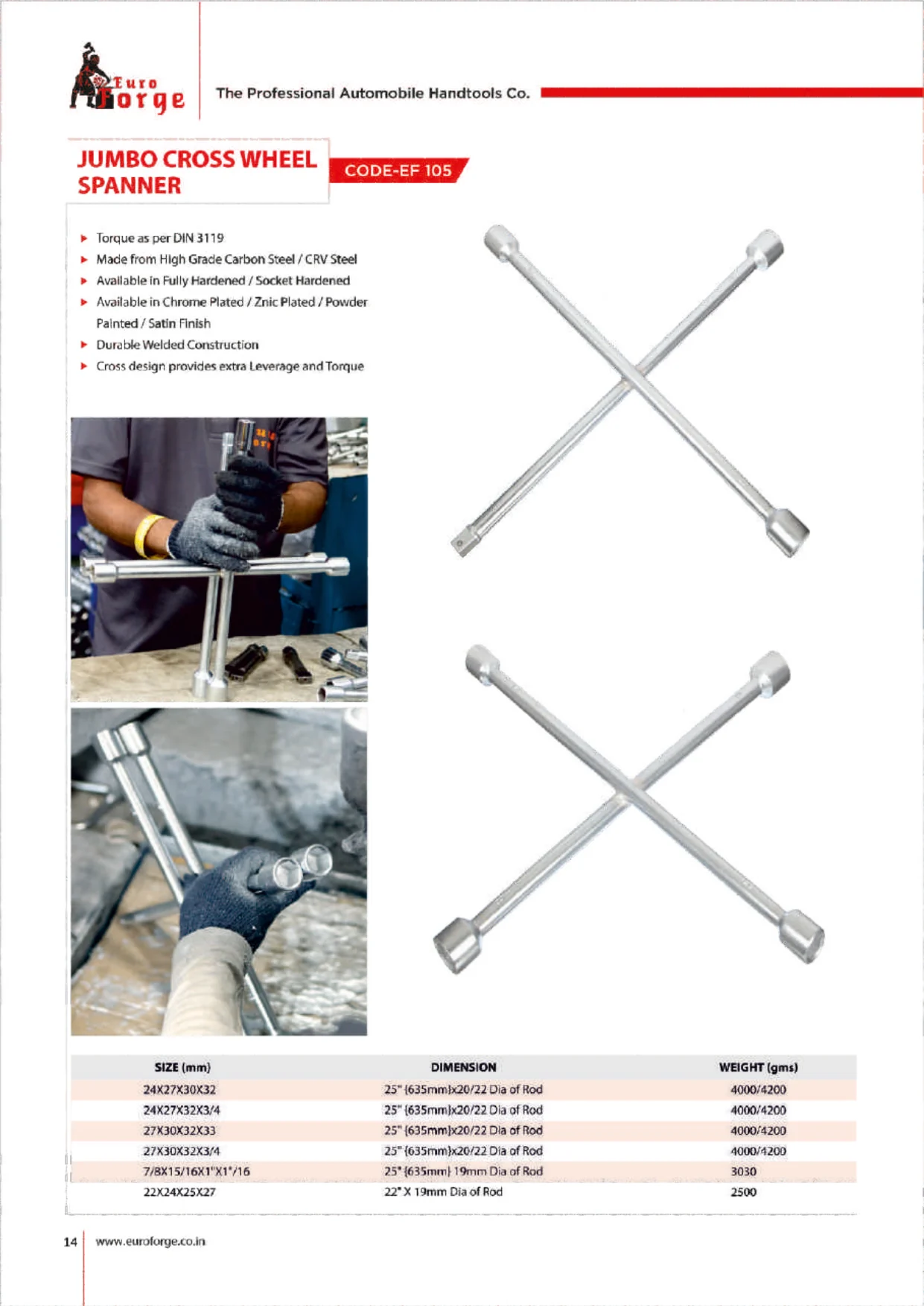 Catalogue page for EF 105 Jumbo Cross Wheel Spanner